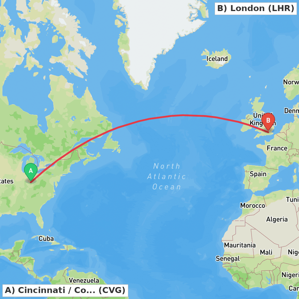 Flight route map from Cincinnati / Covington to London