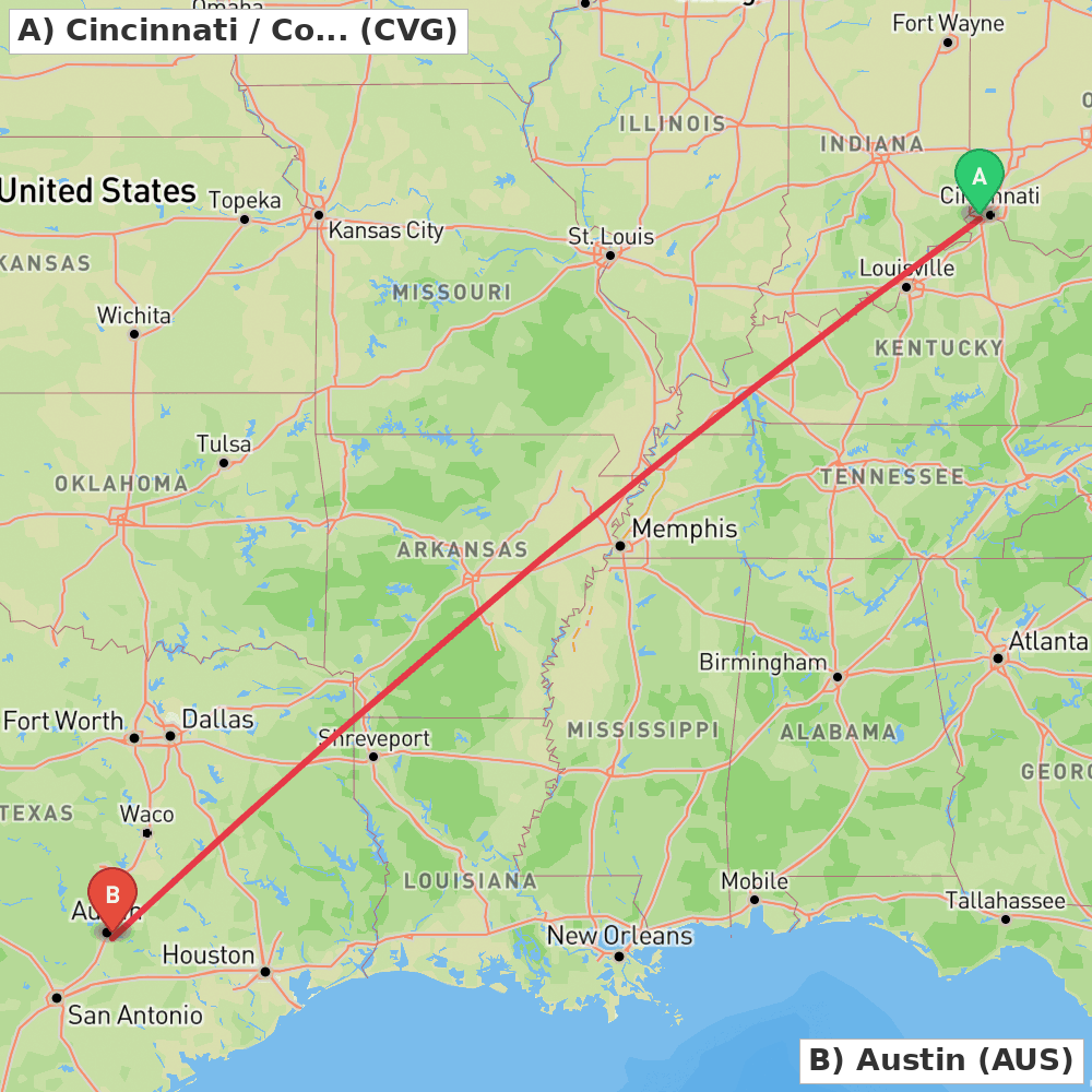 Flight route map from Cincinnati / Covington to Austin