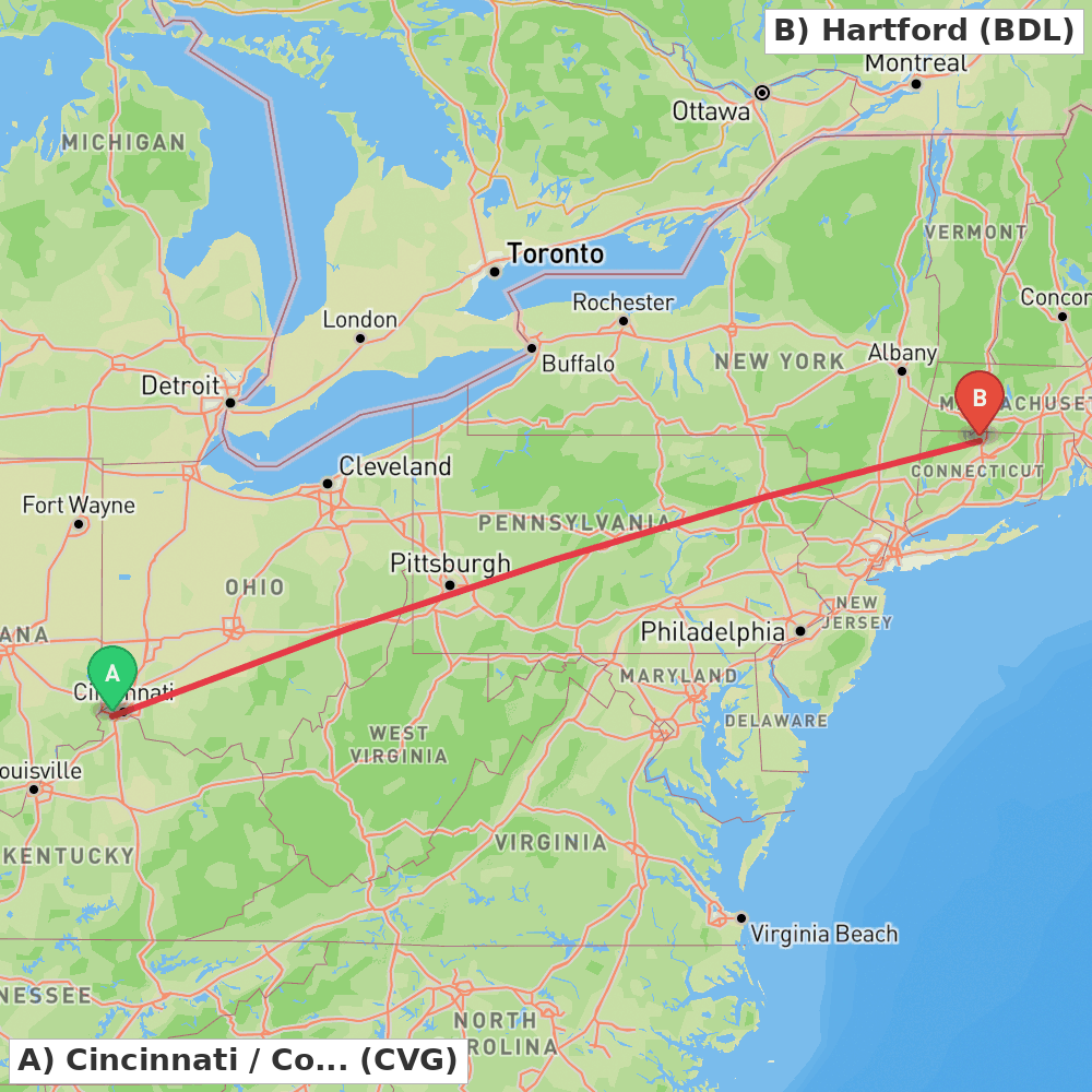Flight route map from Cincinnati / Covington to Hartford