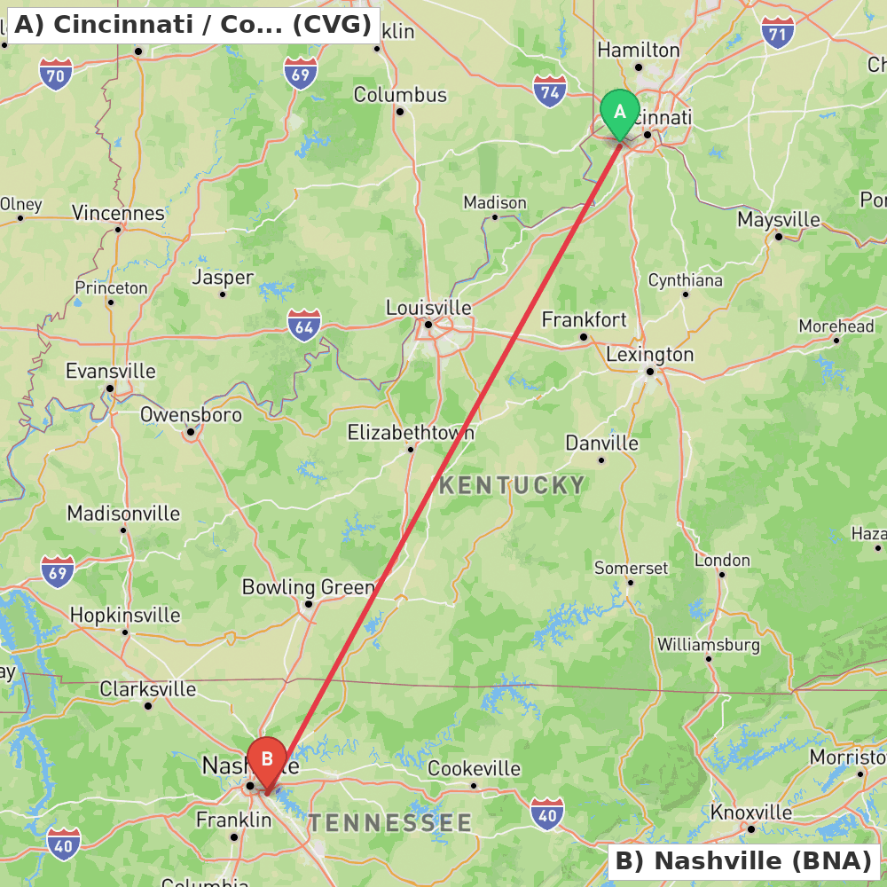 Flight route map from Cincinnati / Covington to Nashville