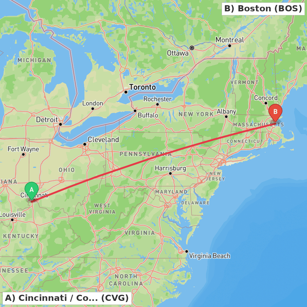 Flight route map from Cincinnati / Covington to Boston