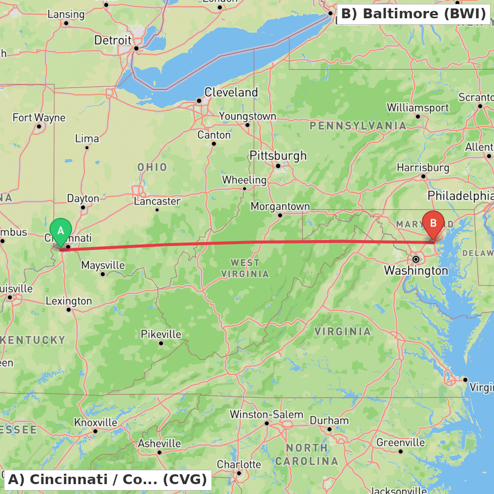 Flight route map from Cincinnati / Covington to Baltimore