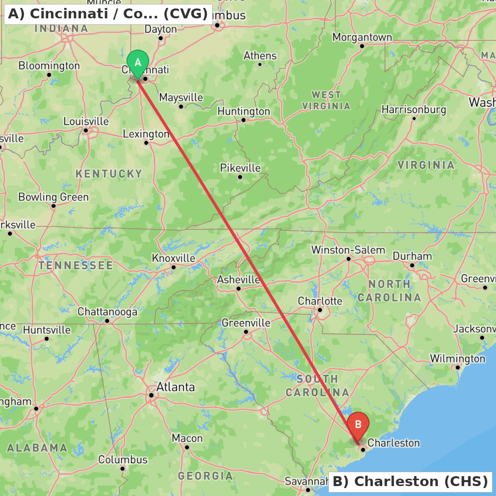 Flight route map from Cincinnati / Covington to Charleston