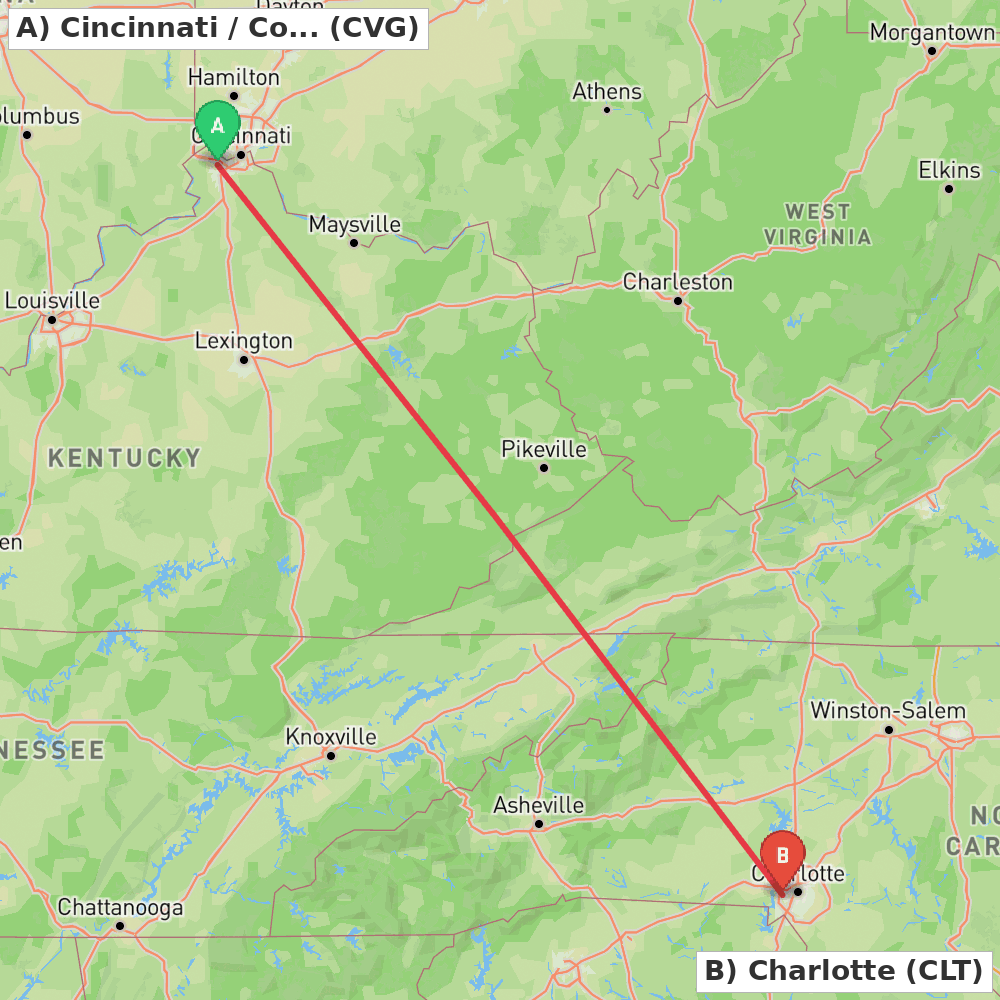 Flight route map from Cincinnati / Covington to Charlotte