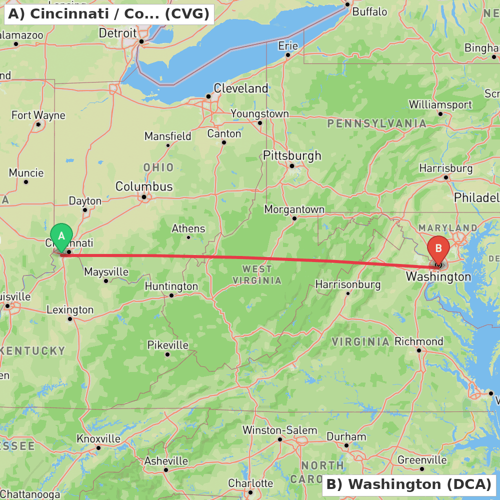 Flight route map from Cincinnati / Covington to Washington