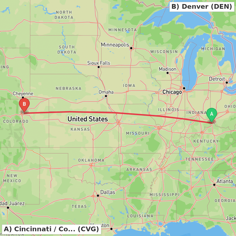 Flight route map from Cincinnati / Covington to Denver