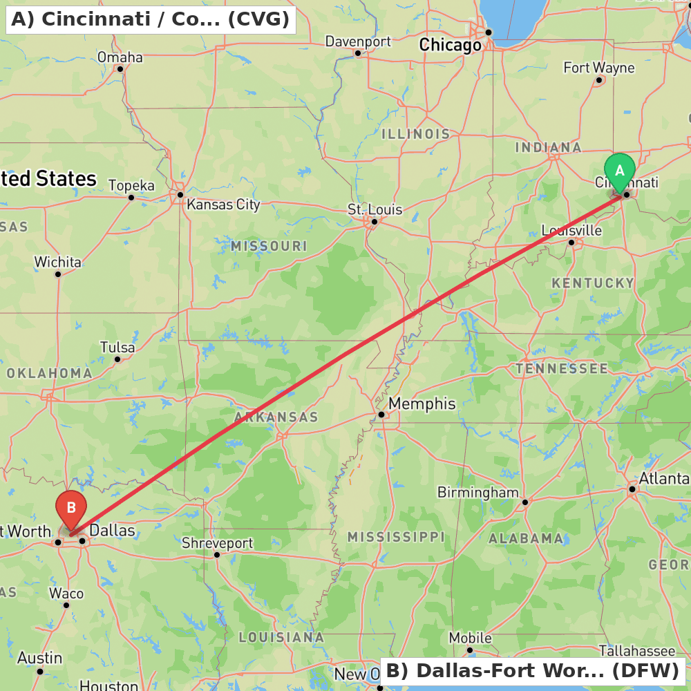 Flight route map from Cincinnati / Covington to Dallas-Fort Worth