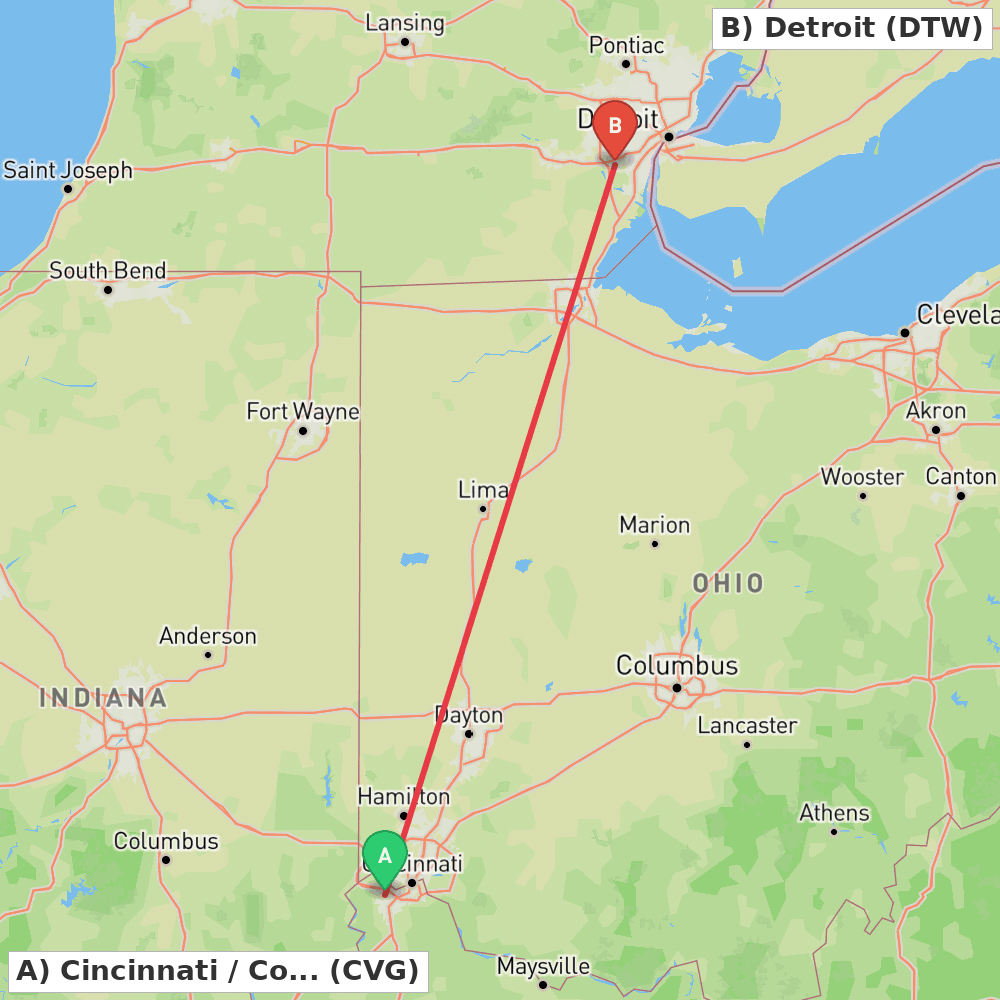 Flight route map from Cincinnati / Covington to Detroit