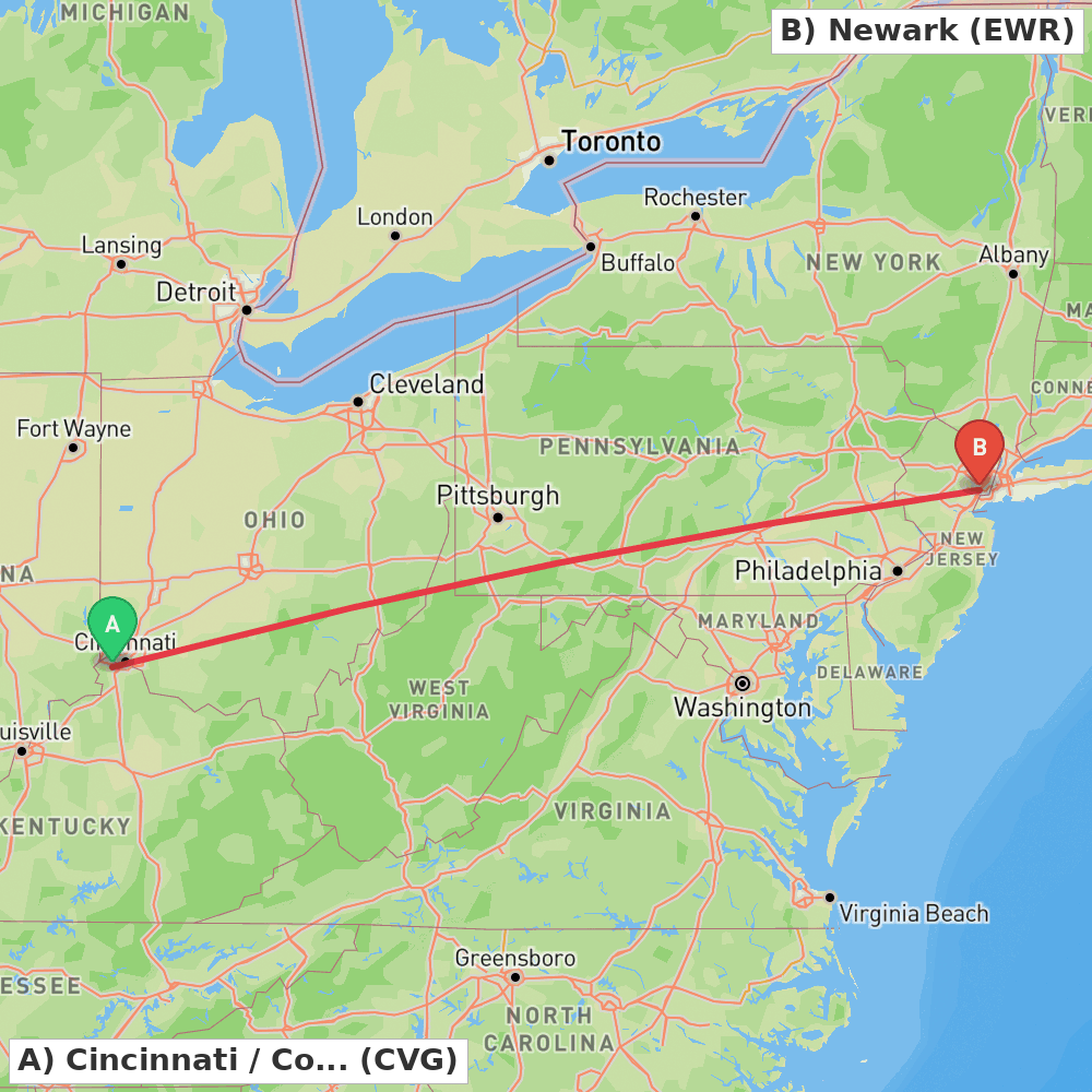 Flight route map from Cincinnati / Covington to Newark