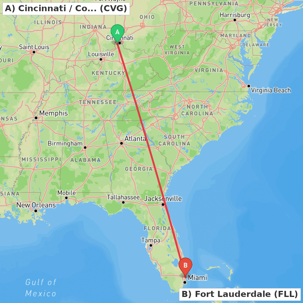 Flight route map from Cincinnati / Covington to Fort Lauderdale