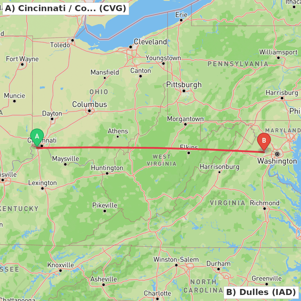 Flight route map from Cincinnati / Covington to Dulles