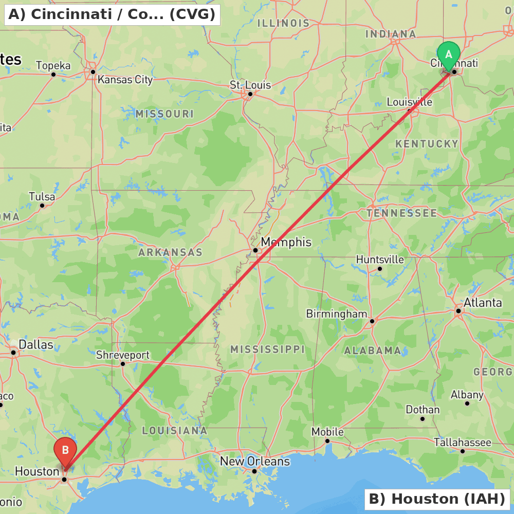 Flight route map from Cincinnati / Covington to Houston