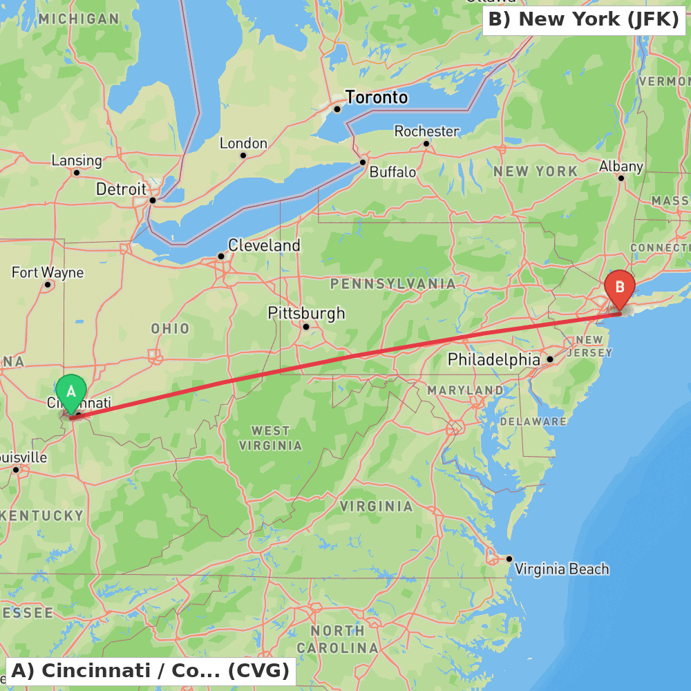Flight route map from Cincinnati / Covington to New York