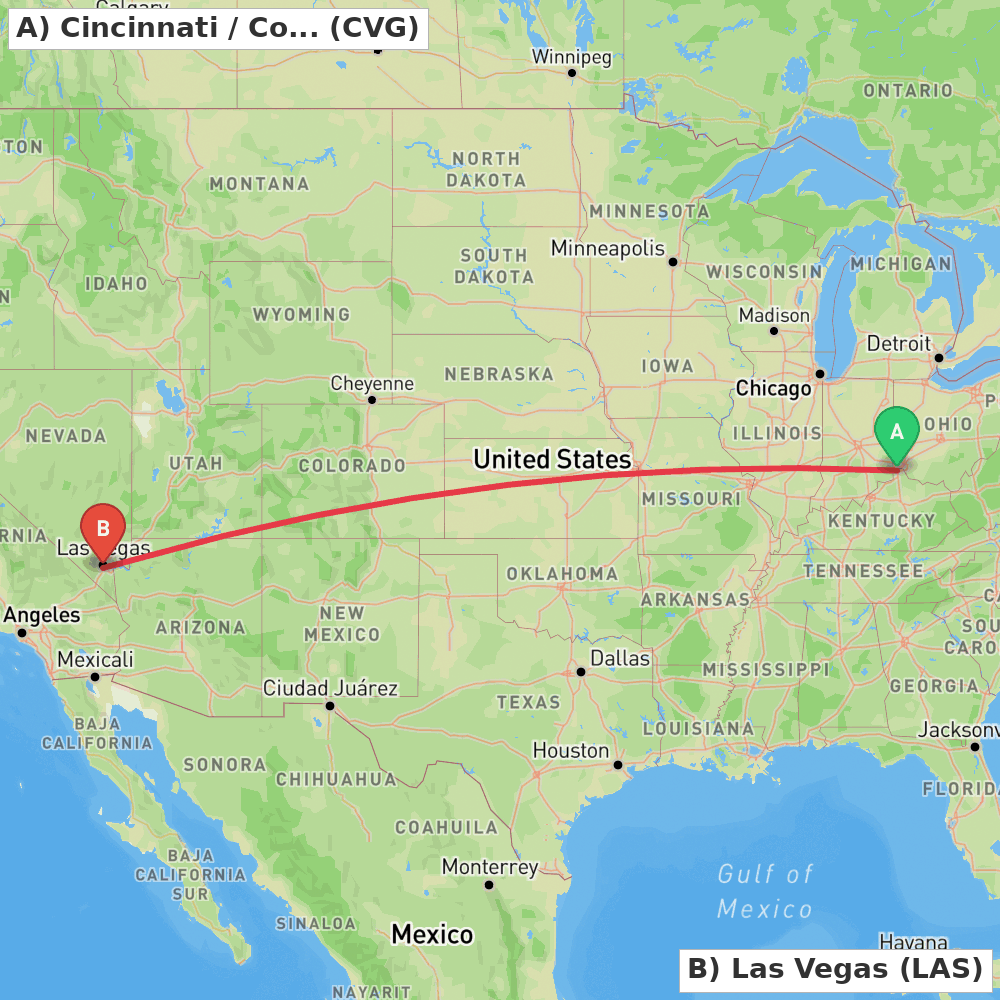 Flight route map from Cincinnati / Covington to Las Vegas