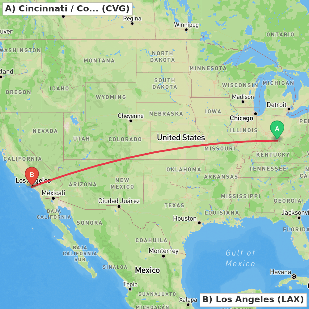 Flight route map from Cincinnati / Covington to Los Angeles