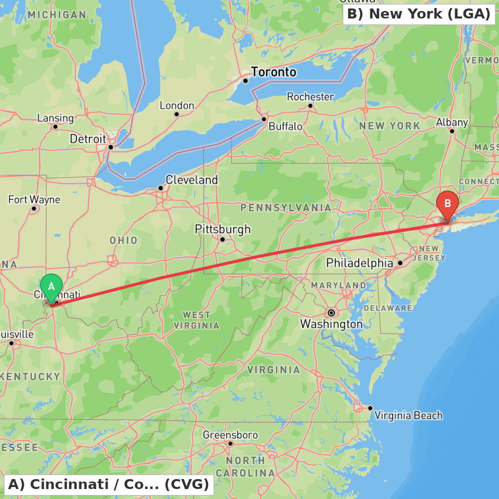 Flight route map from Cincinnati / Covington to New York