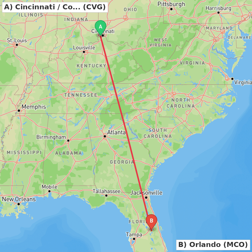 Flight route map from Cincinnati / Covington to Orlando