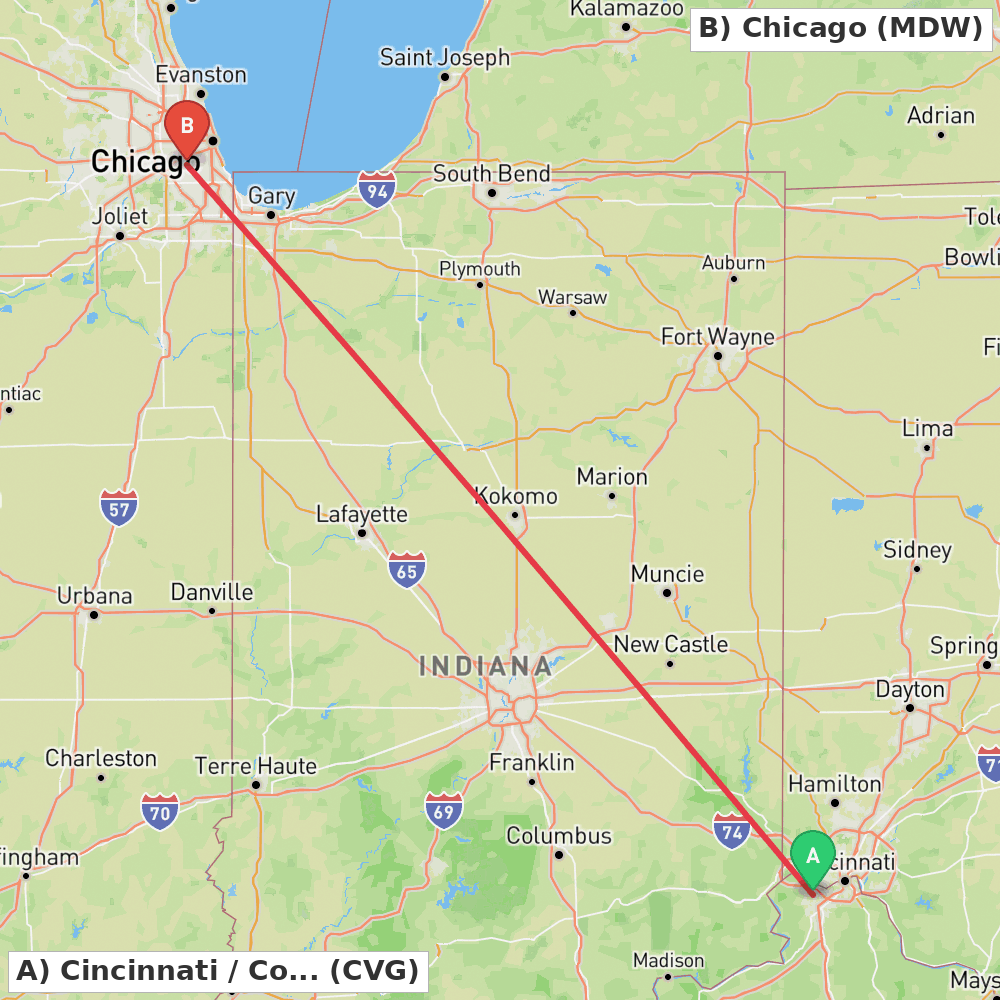 Flight route map from Cincinnati / Covington to Chicago