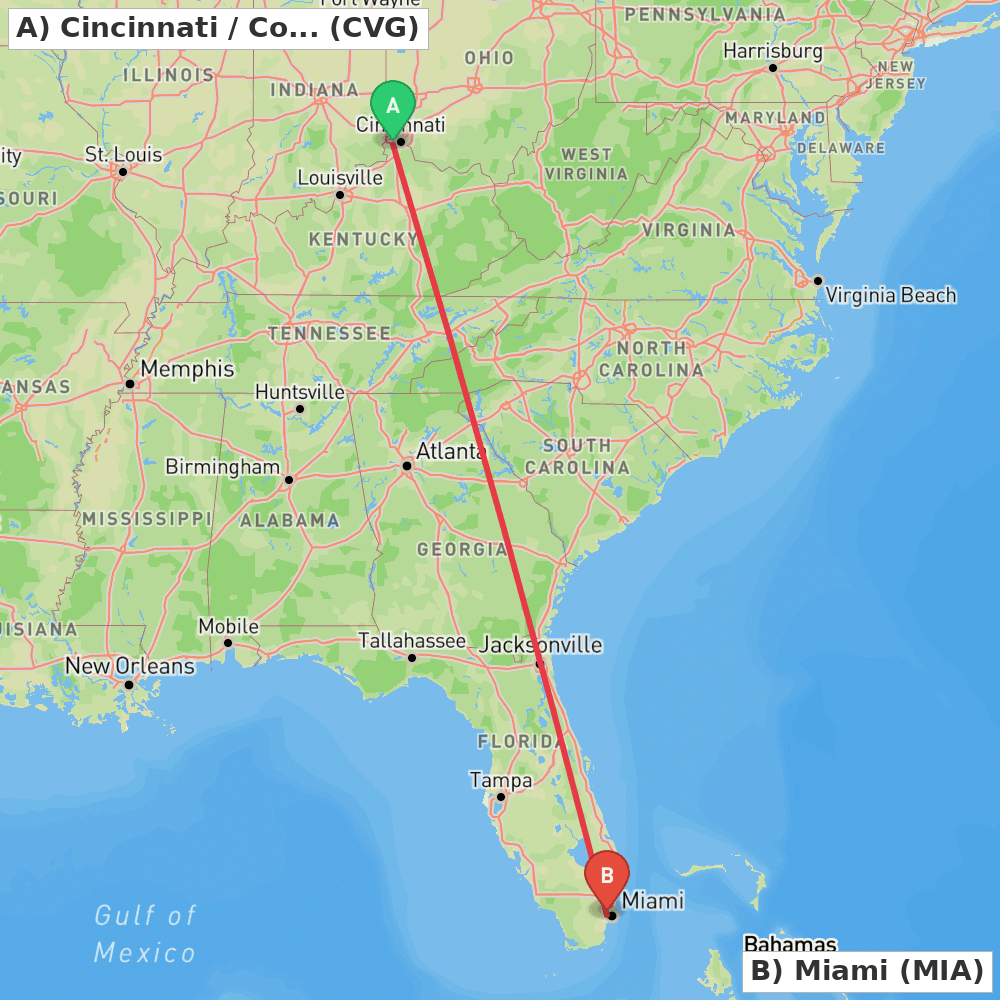 Flight route map from Cincinnati / Covington to Miami