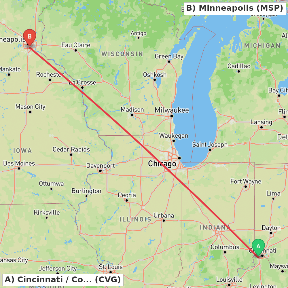 Flight route map from Cincinnati / Covington to Minneapolis