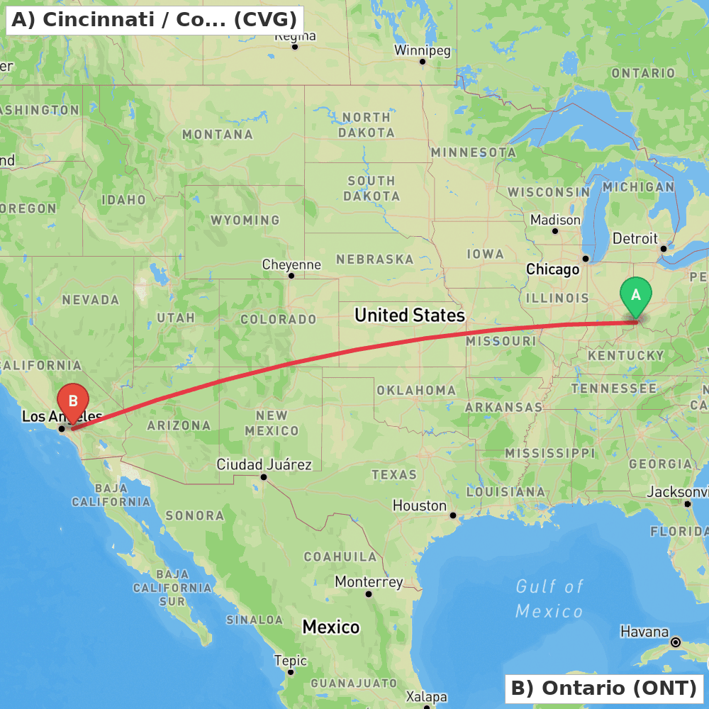 Flight route map from Cincinnati / Covington to Ontario
