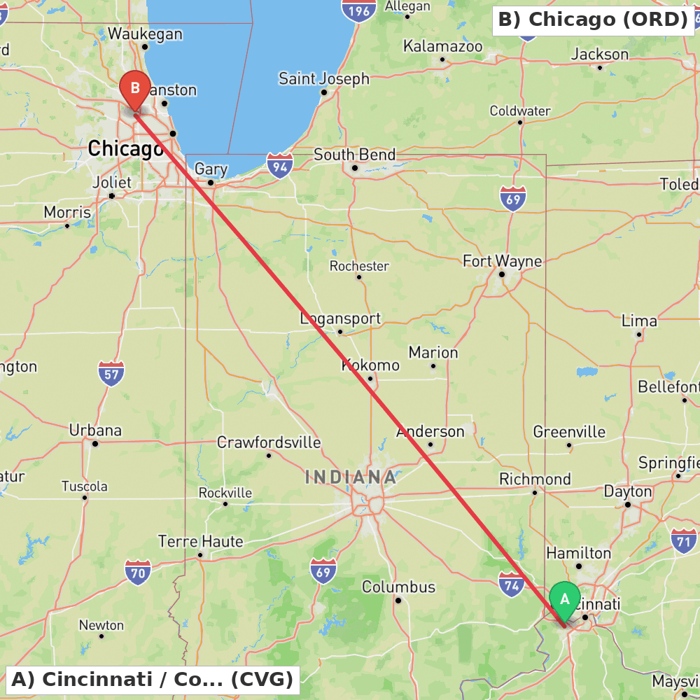 Flight route map from Cincinnati / Covington to Chicago