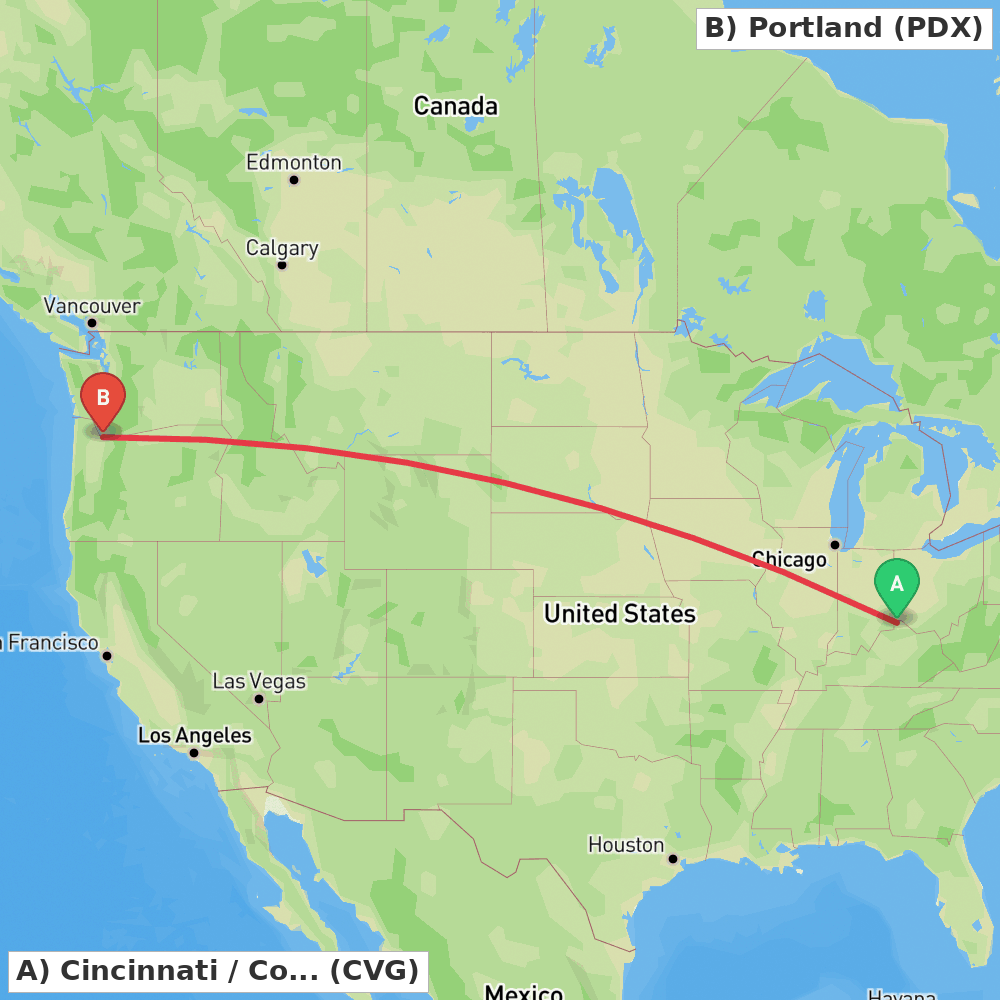 Flight route map from Cincinnati / Covington to Portland