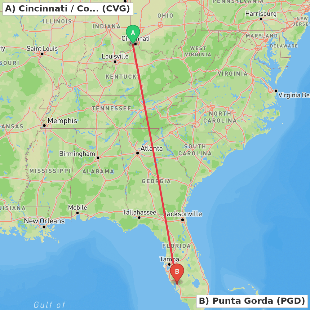 Flight route map from Cincinnati / Covington to Punta Gorda