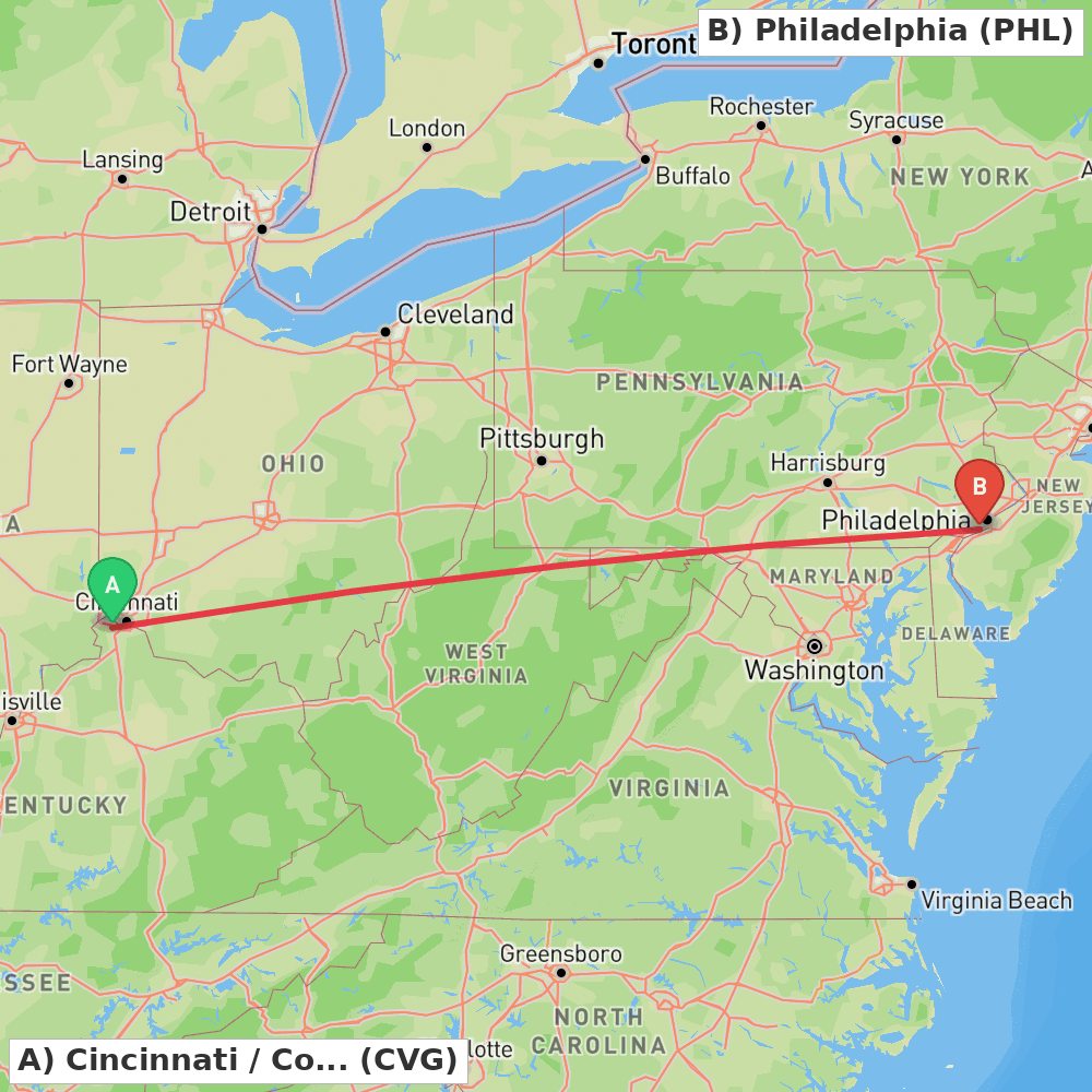 Flight route map from Cincinnati / Covington to Philadelphia