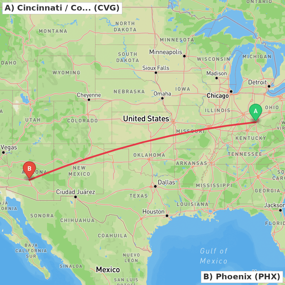 Flight route map from Cincinnati / Covington to Phoenix