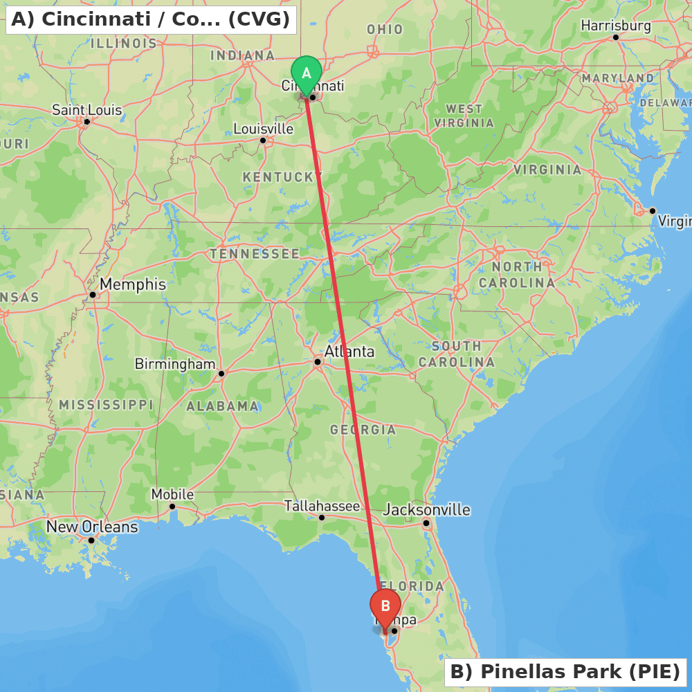 Flight route map from Cincinnati / Covington to Pinellas Park