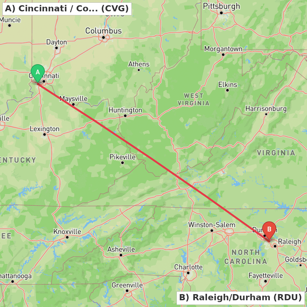 Flight route map from Cincinnati / Covington to Raleigh/Durham