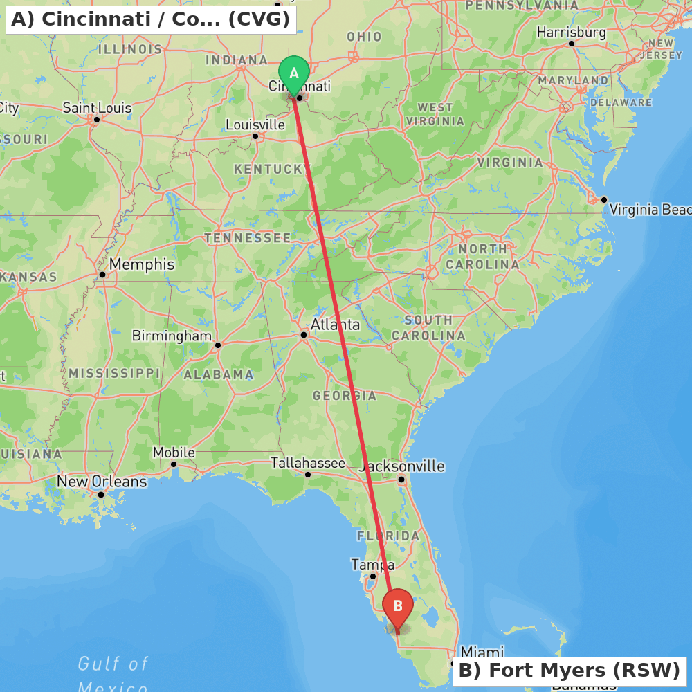 Flight route map from Cincinnati / Covington to Fort Myers