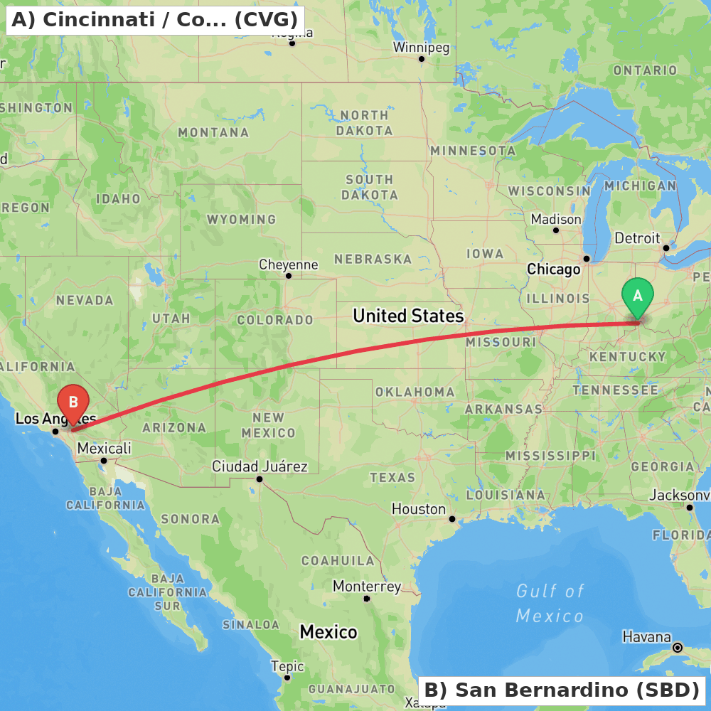 Flight route map from Cincinnati / Covington to San Bernardino