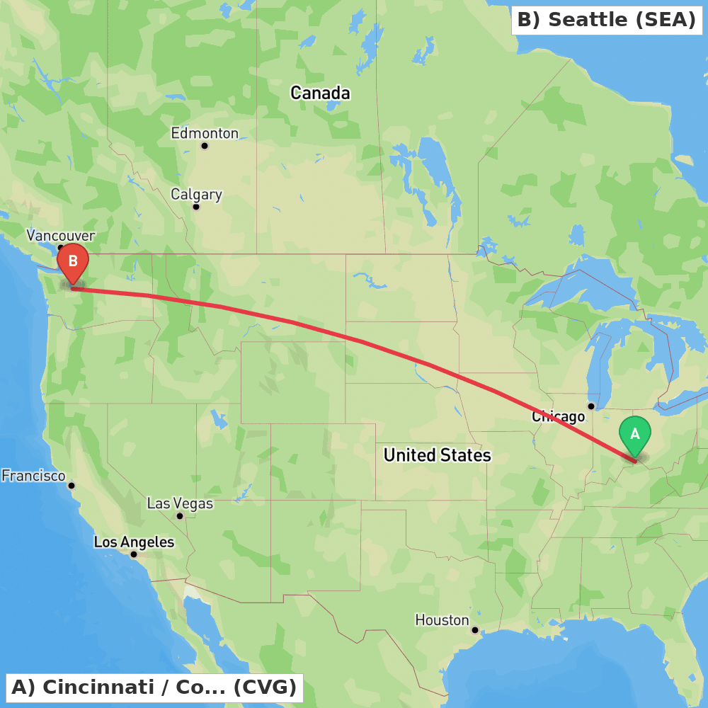 Flight route map from Cincinnati / Covington to Seattle
