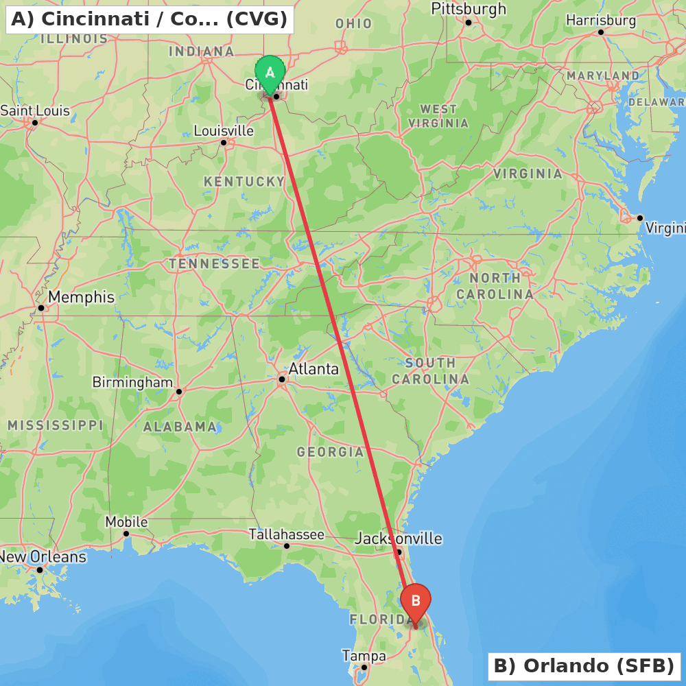 Flight route map from Cincinnati / Covington to Orlando
