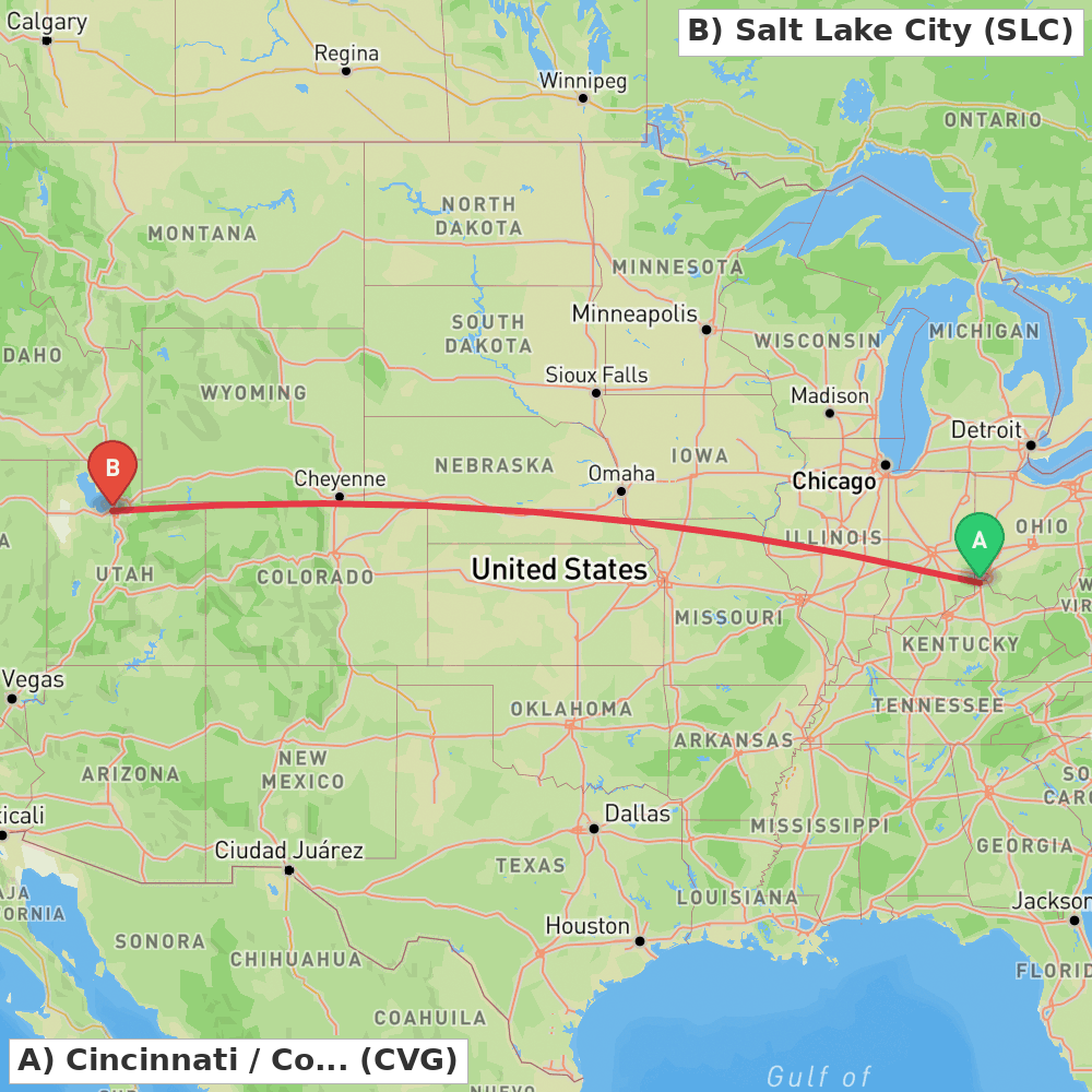 Flight route map from Cincinnati / Covington to Salt Lake City