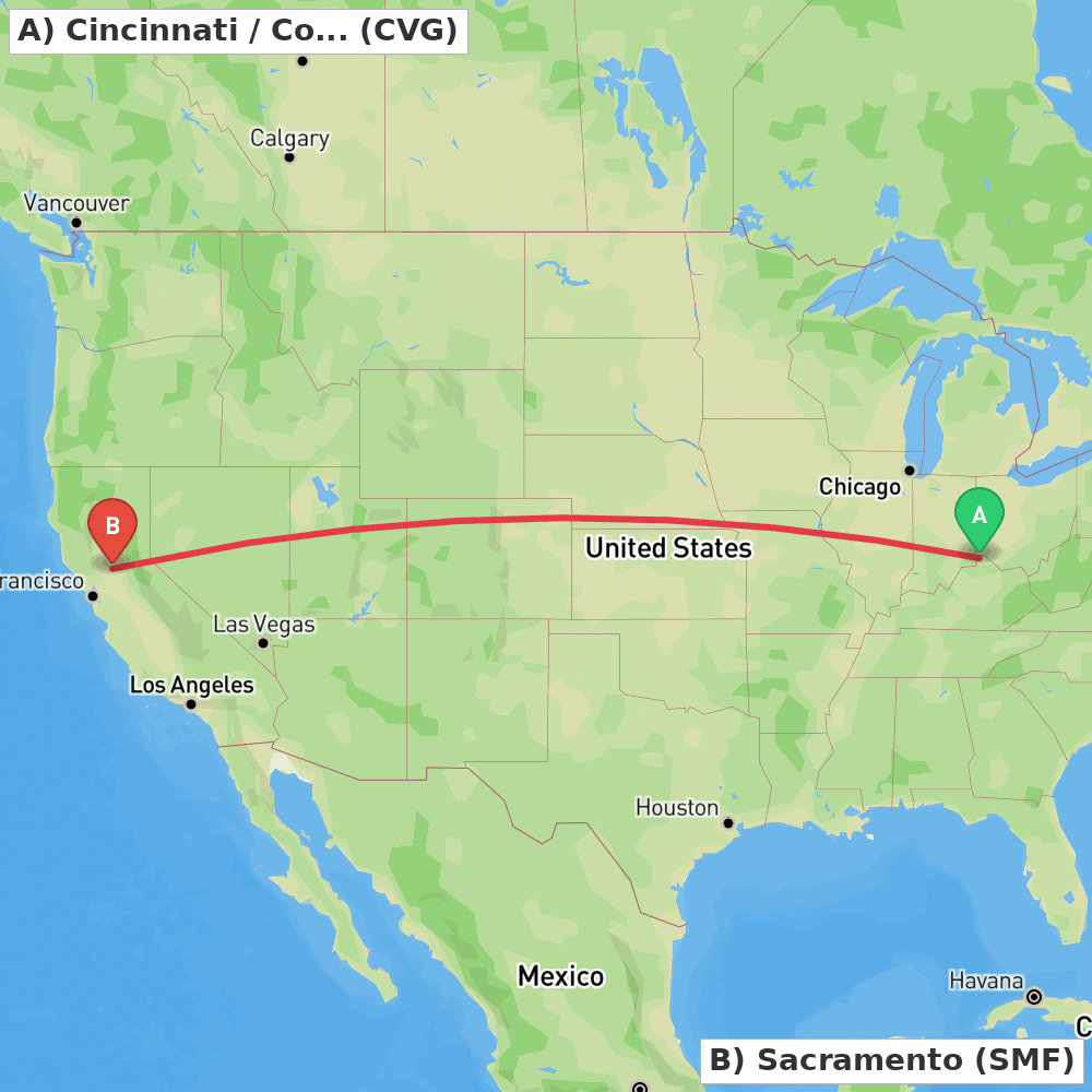 Flight route map from Cincinnati / Covington to Sacramento