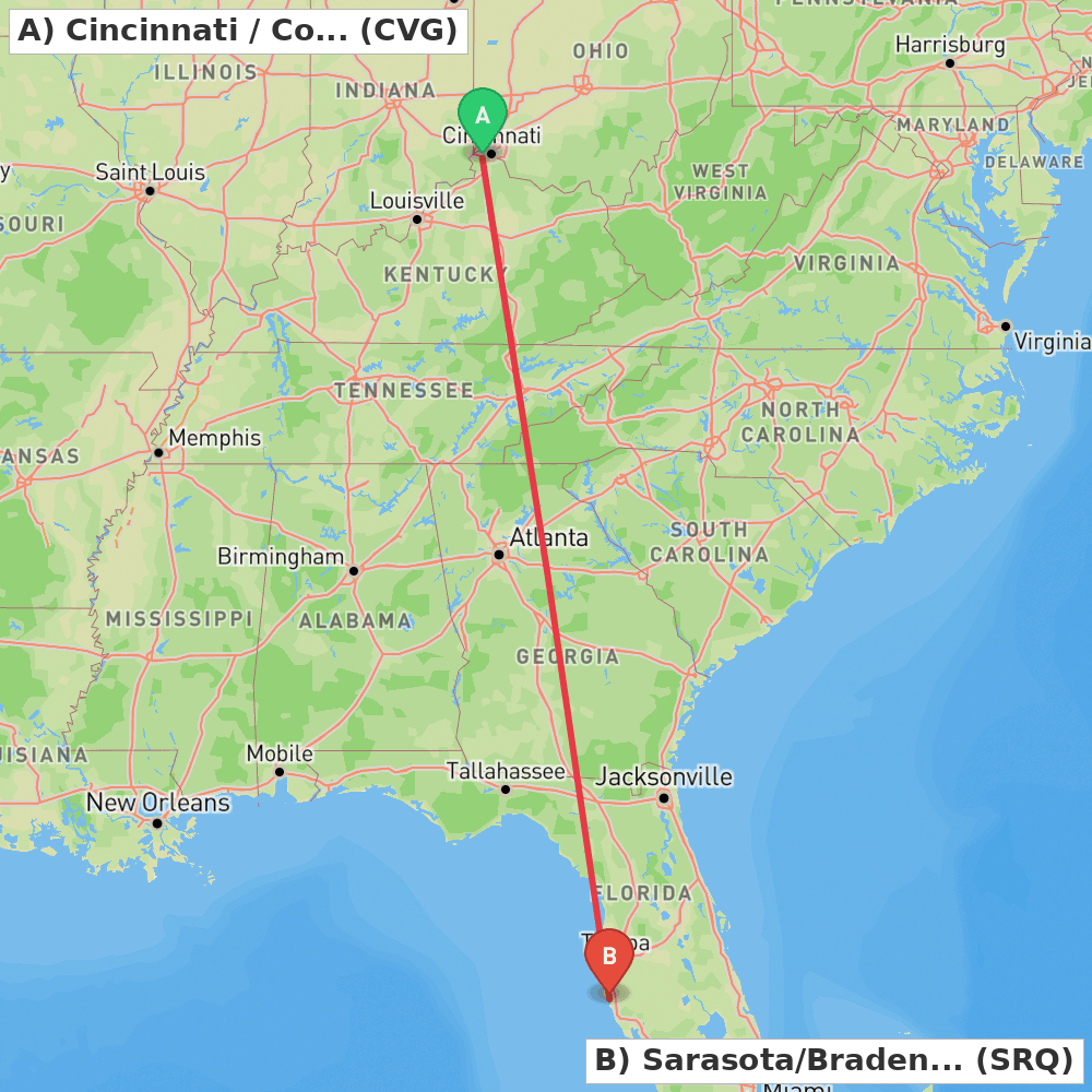 Flight route map from Cincinnati / Covington to Sarasota/Bradenton