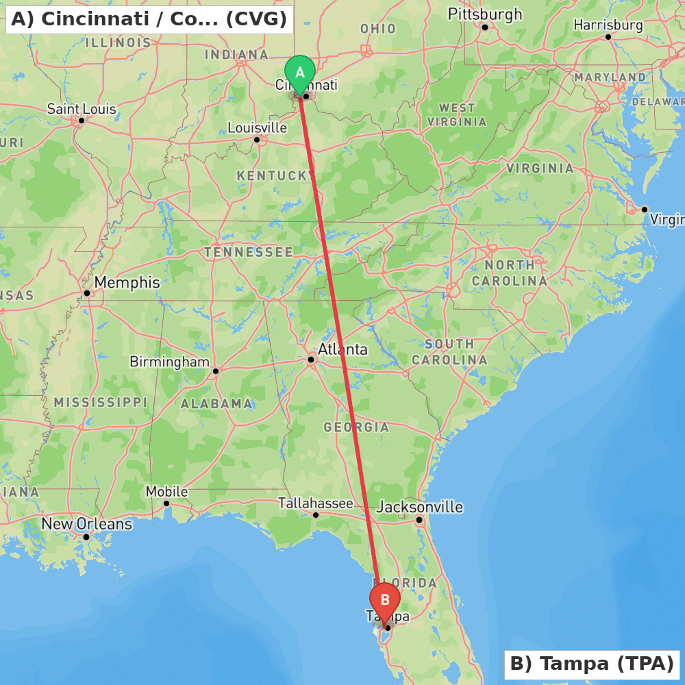 Flight route map from Cincinnati / Covington to Tampa