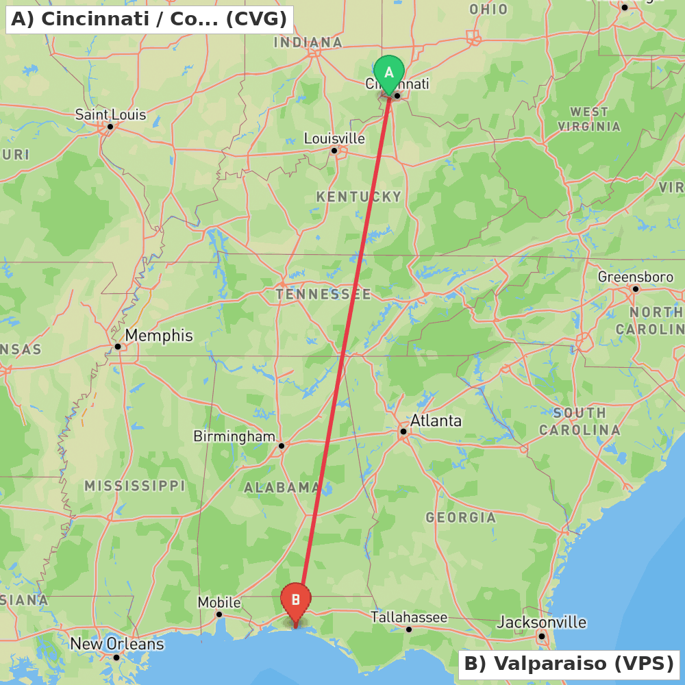 Flight route map from Cincinnati / Covington to Valparaiso