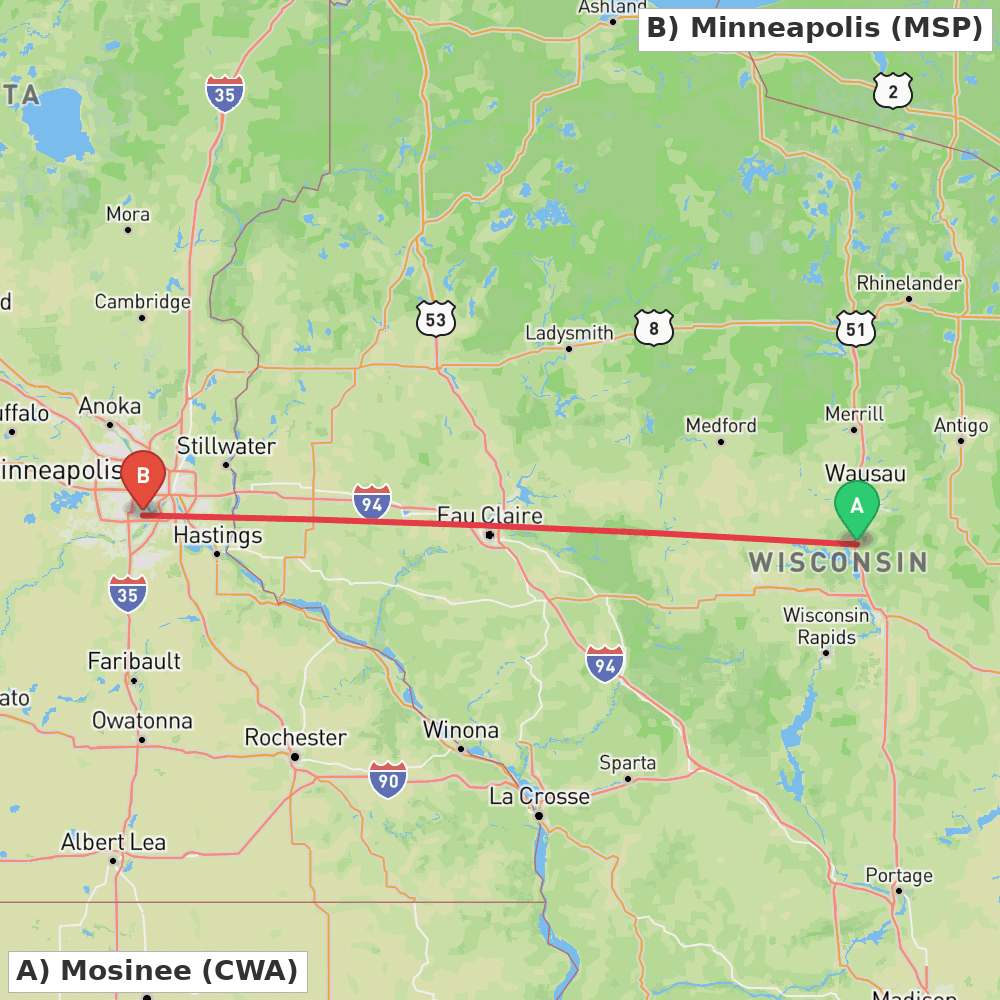 Flight route map from Mosinee to Minneapolis
