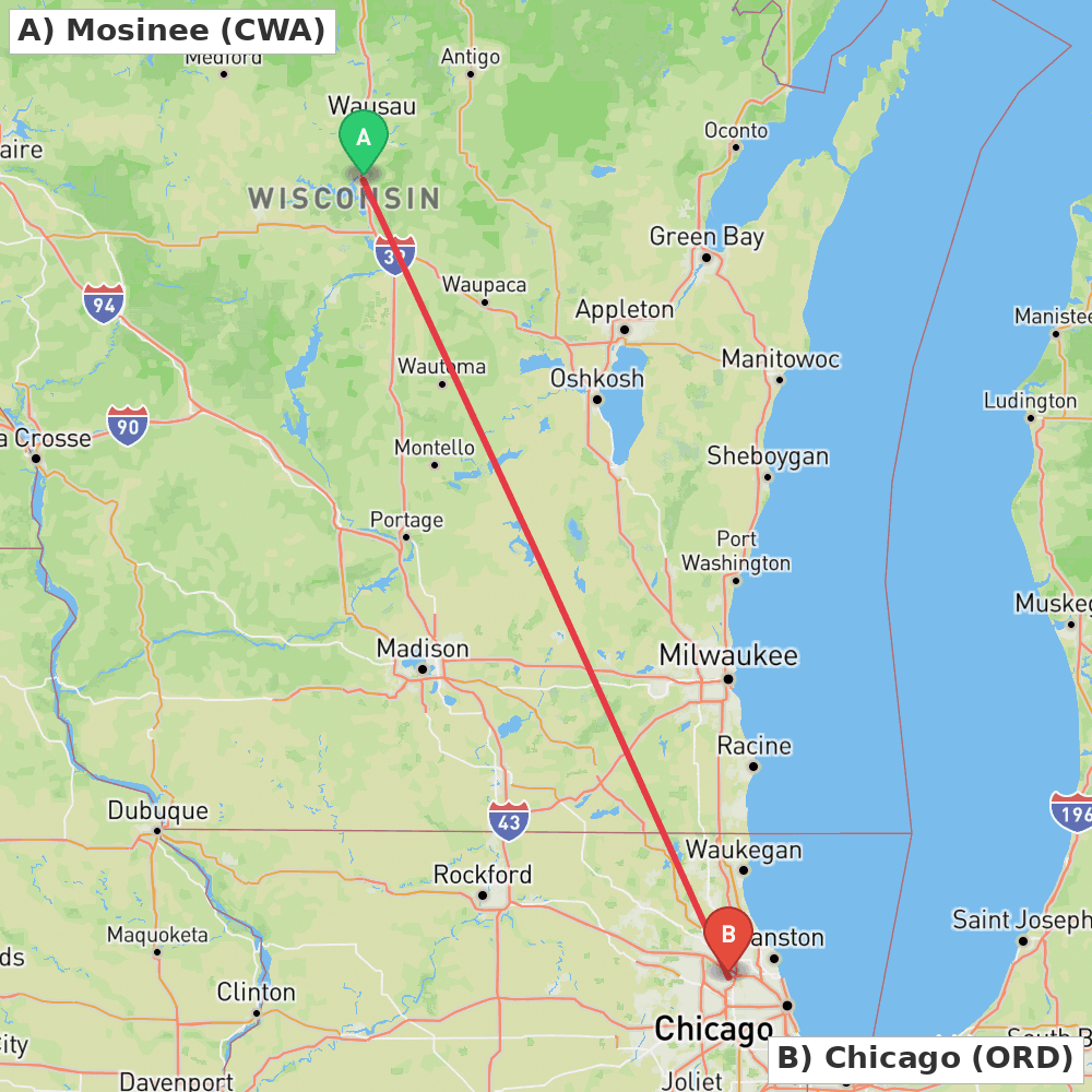 Flight route map from Mosinee to Chicago