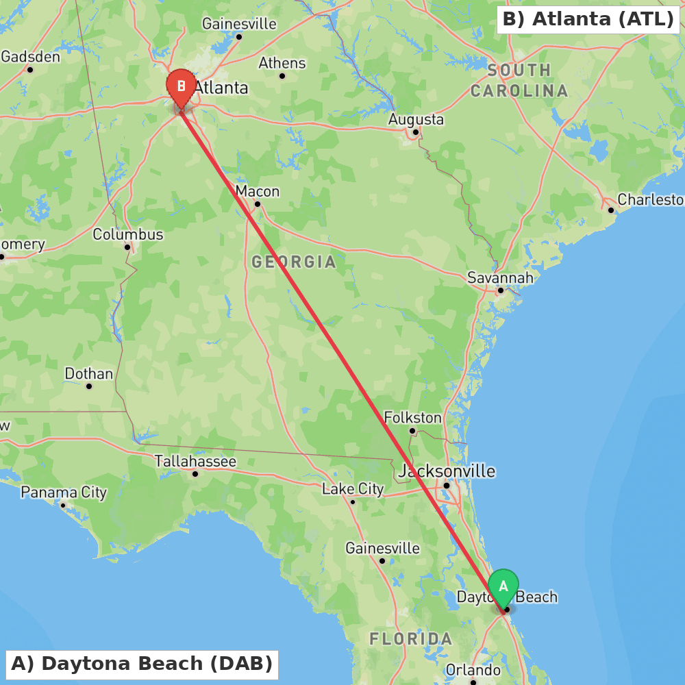 Flight route map from Daytona Beach to Atlanta