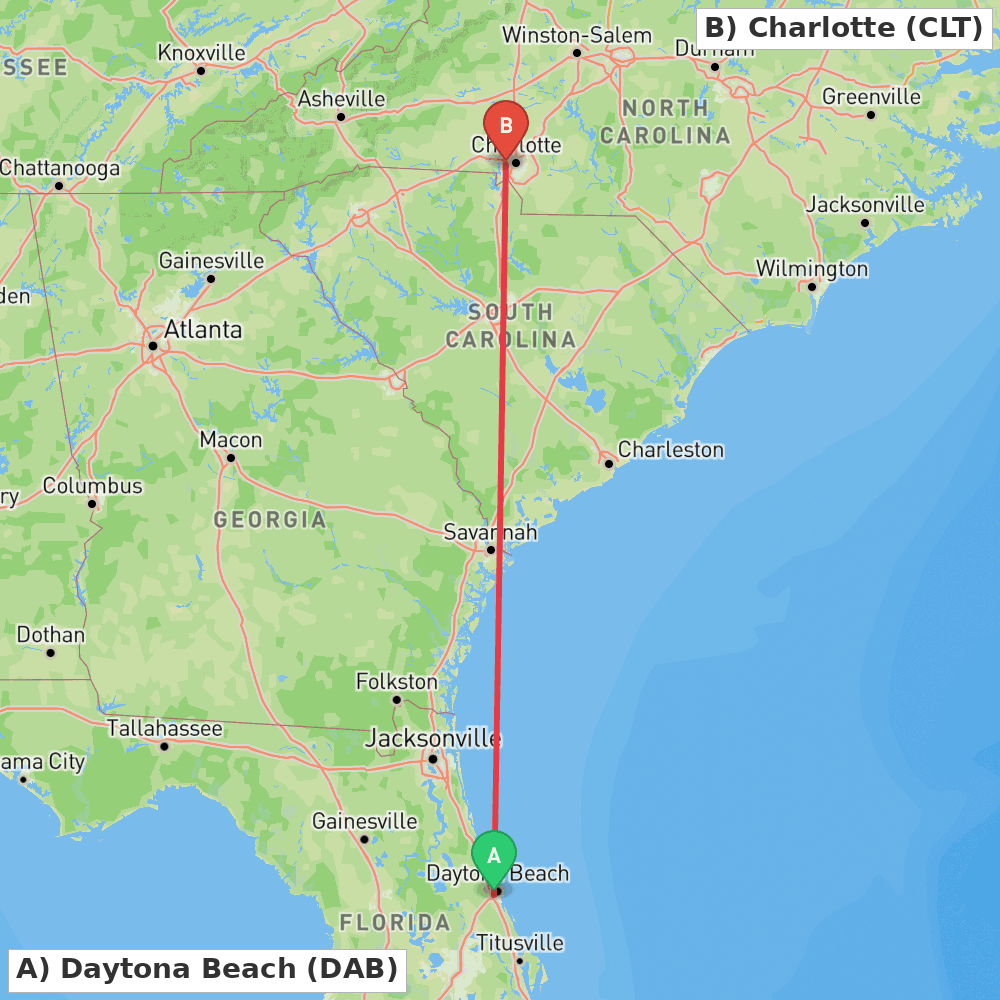 Flight route map from Daytona Beach to Charlotte