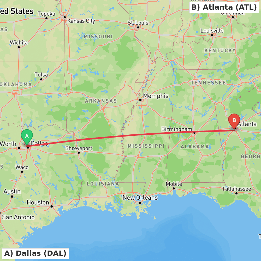 Flight route map from Dallas to Atlanta