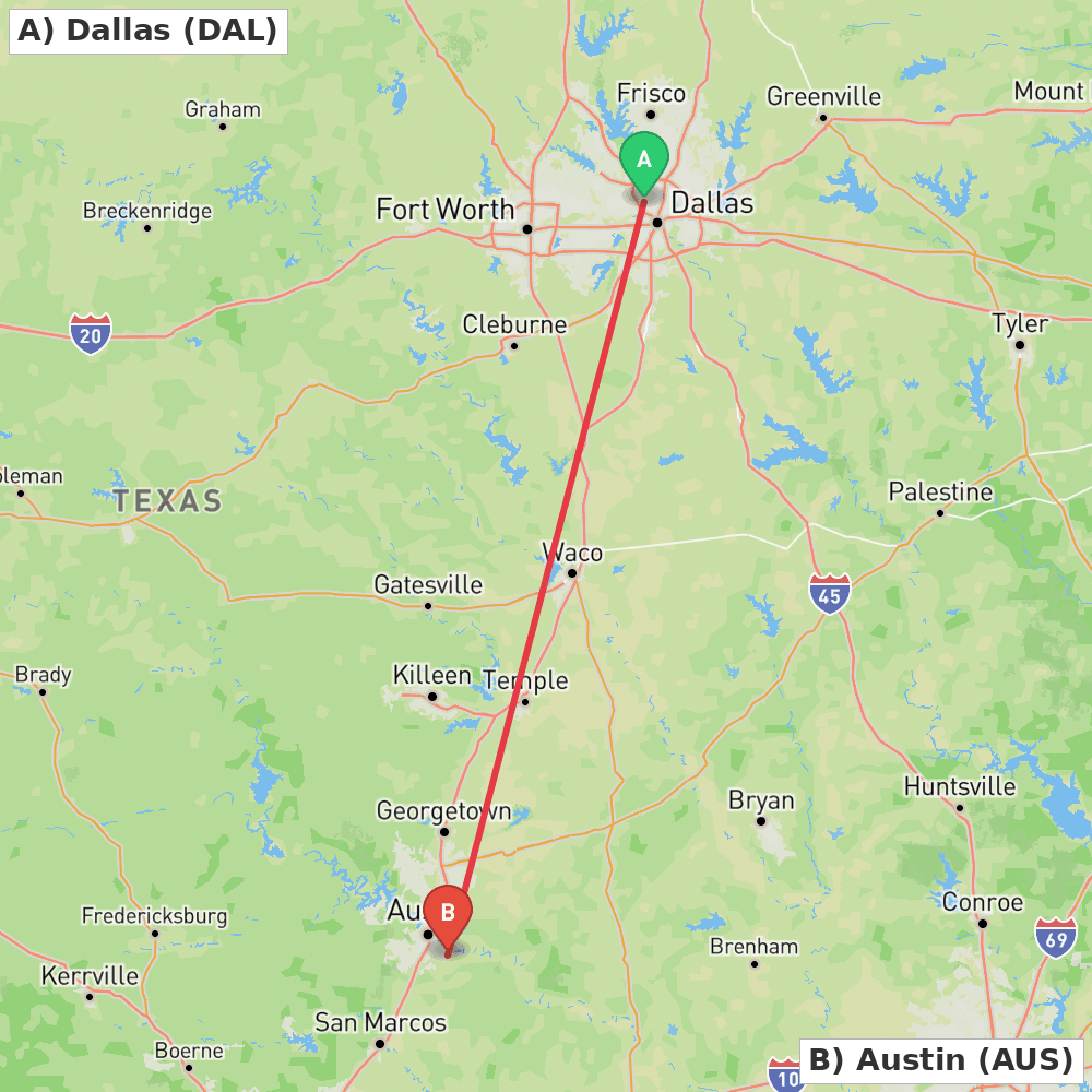 Flight route map from Dallas to Austin