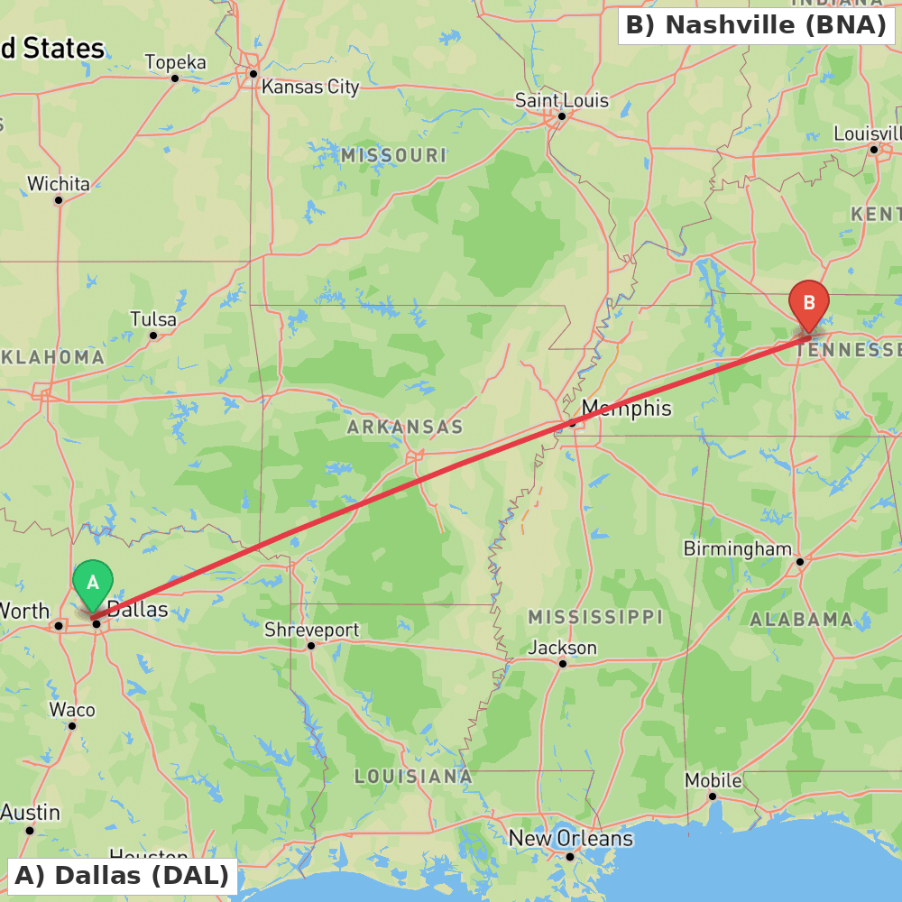 Flight route map from Dallas to Nashville
