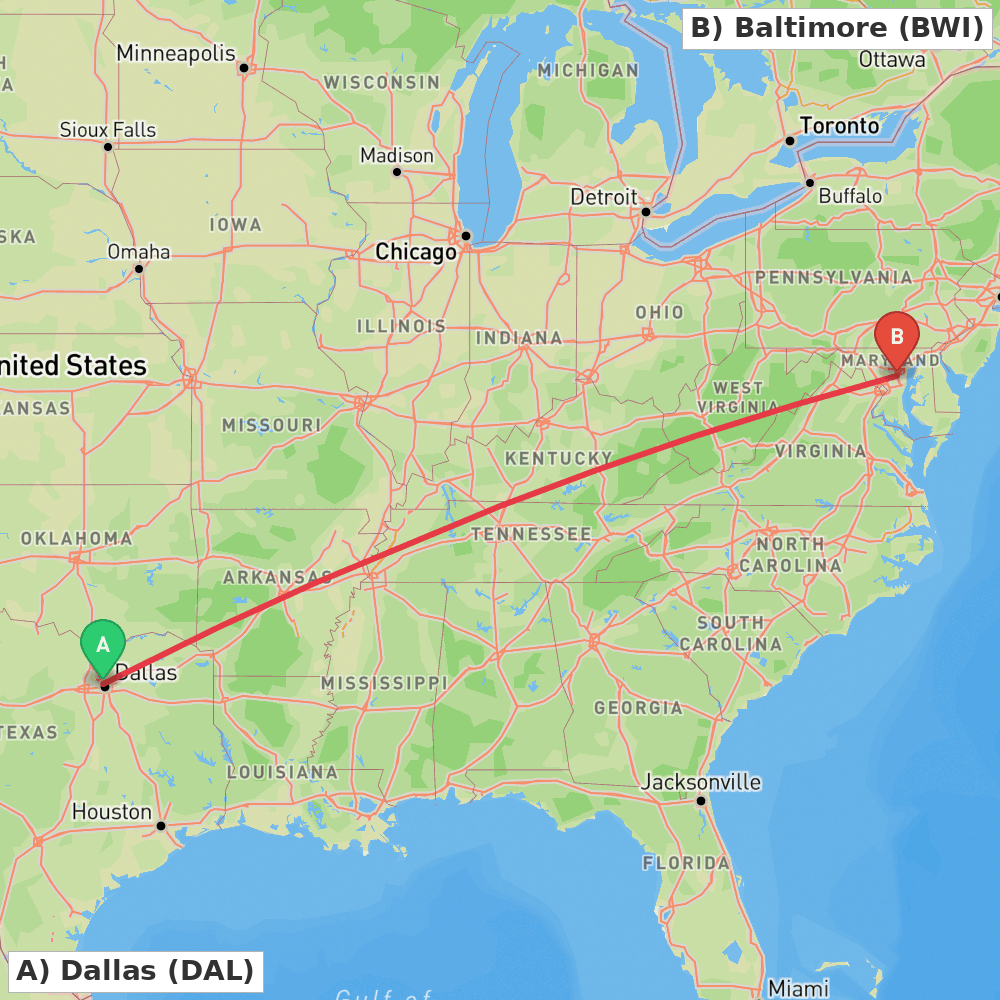 Flight route map from Dallas to Baltimore