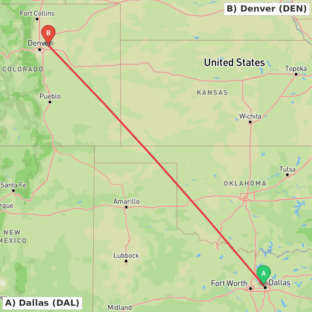 Flight route map from Dallas to Denver